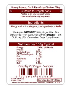 HONEY TOASTED OAT & RICE CRISP CLUSTERS 500G